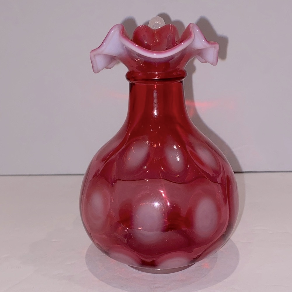 Fenton Cranberry Opalescent Optic Thumbprint Pitcher/Cruet With Applied Handle - Picture 6 of 9